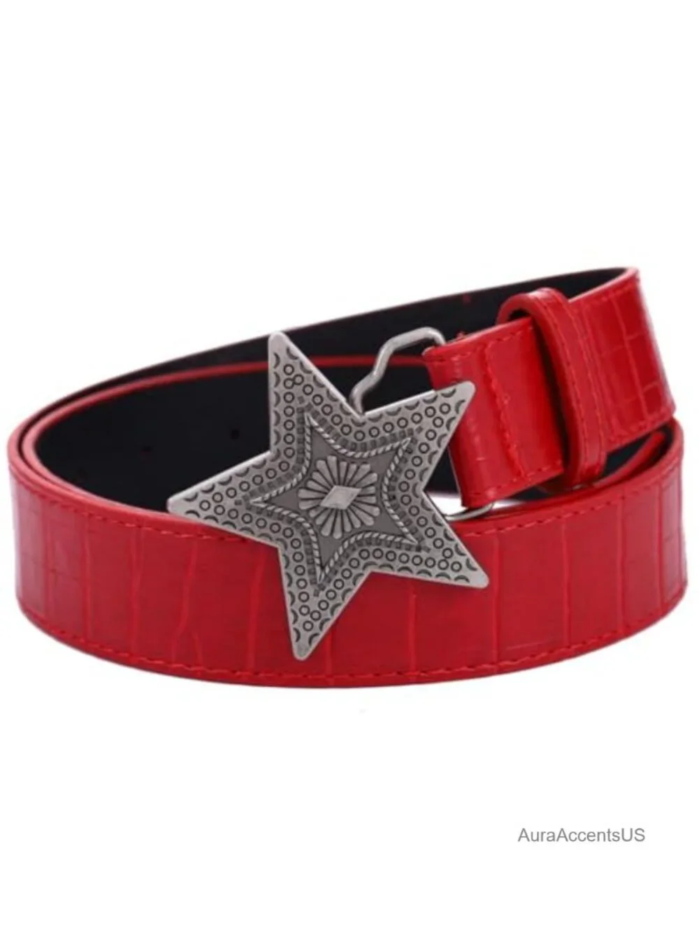 Faux Leather Red Western Belt with Floral Buckle for Women